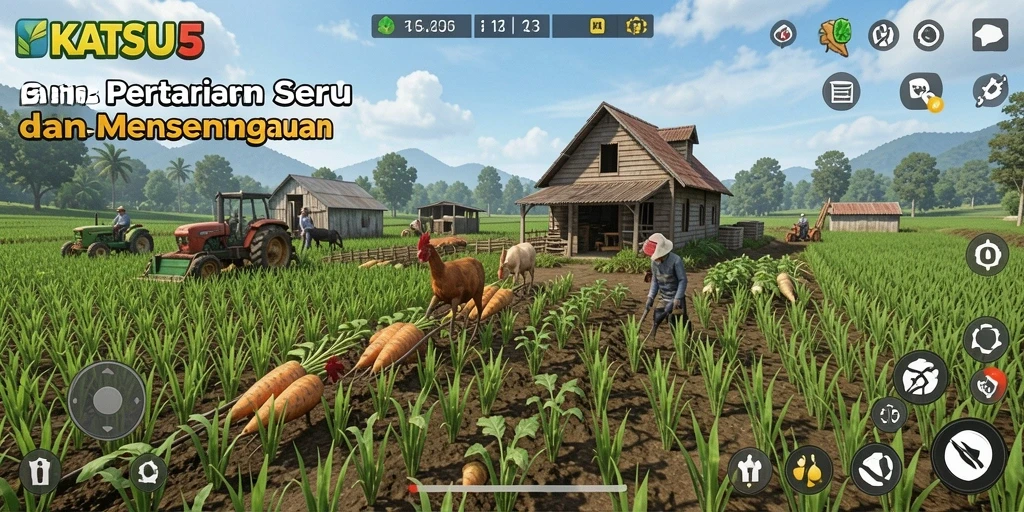 Screenshot gameplay KATSU5 menampilkan kebun yang subur dan berwarna.