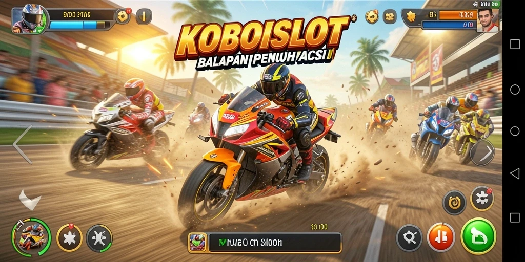 Screenshot KOBOISLOT menampilkan aksi balapan motor yang intens dan menegangkan.