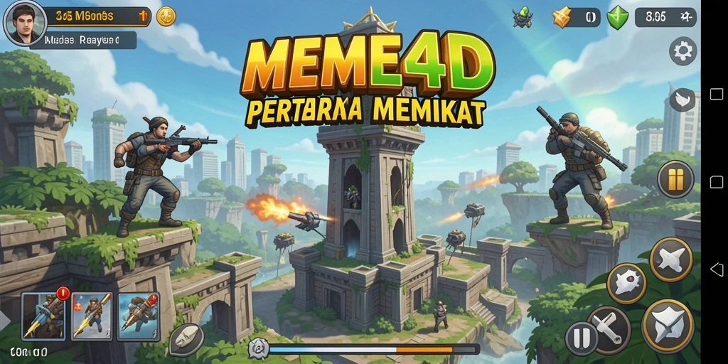 Tampilan gameplay <strong>MEME4D</strong> menampilkan aksi menara pertahanan melawan gelombang musuh yang intens.