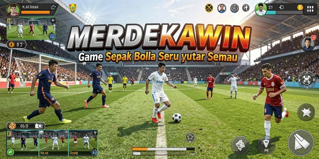 Screenshot utama MERDEKAWIN dengan aksi permainan sepak bola.