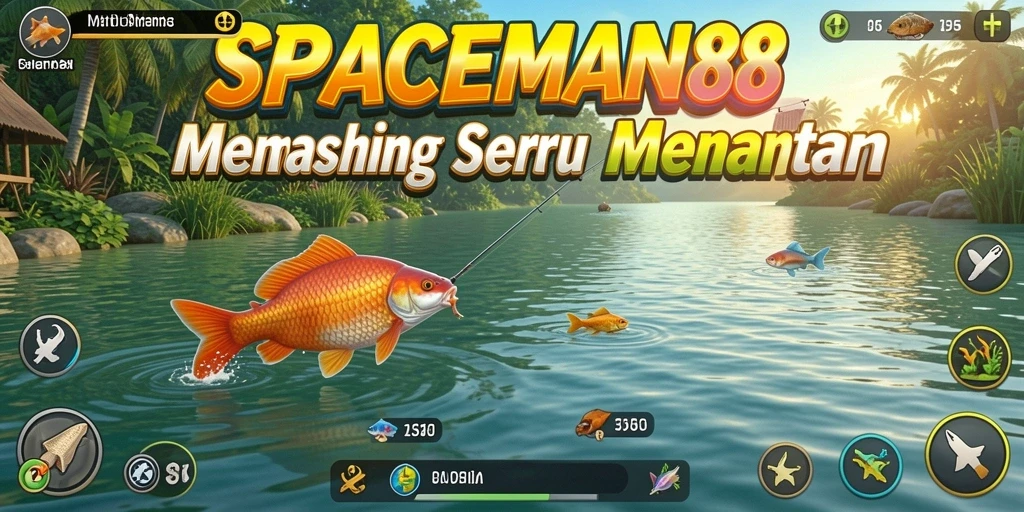 Tampilan gameplay SPACEMAN88 dengan berbagai jenis ikan dan lokasi memancing.
